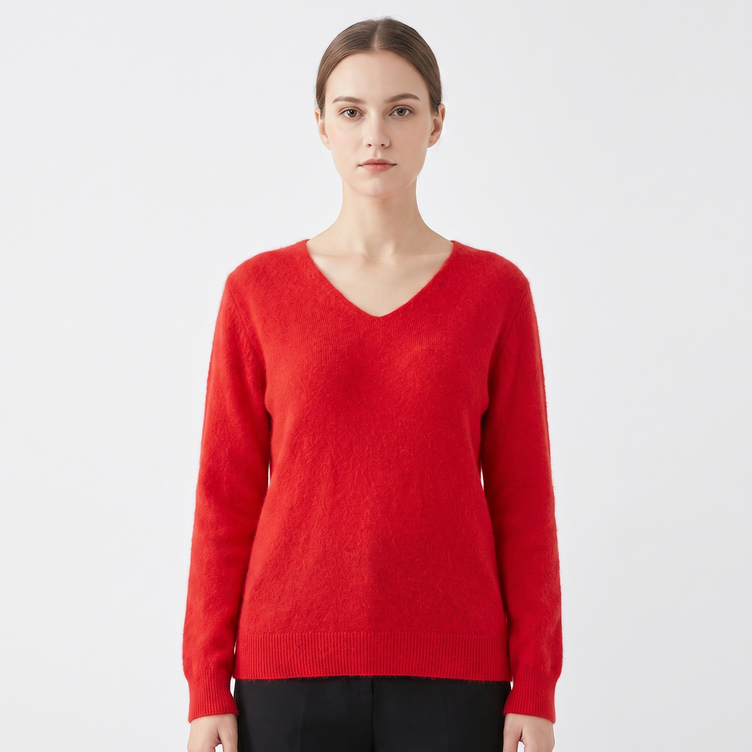 Women's Soft Fluffy Knit V-Neck Sweater Relaxed Fit Long Sleeve Casual Pullover Top