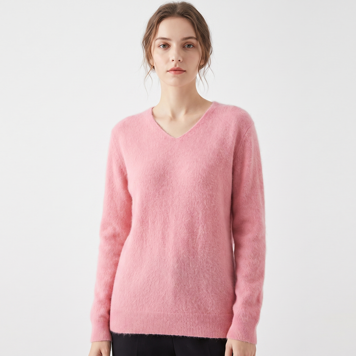Women's Soft Fluffy Knit V-Neck Sweater Relaxed Fit Long Sleeve Casual Pullover Top