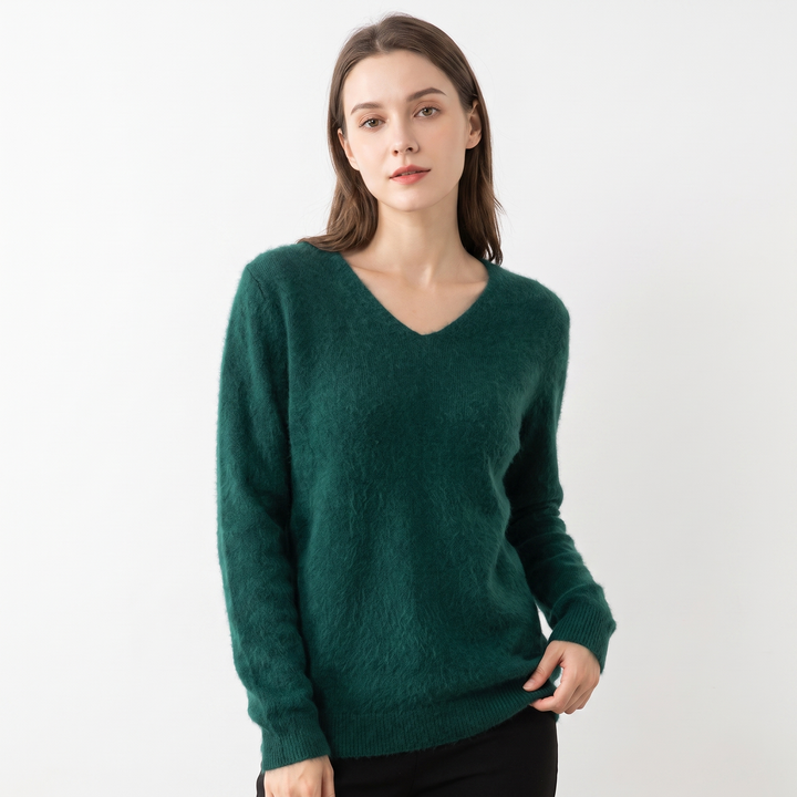 Women's Soft Fluffy Knit V-Neck Sweater Relaxed Fit Long Sleeve Casual Pullover Top