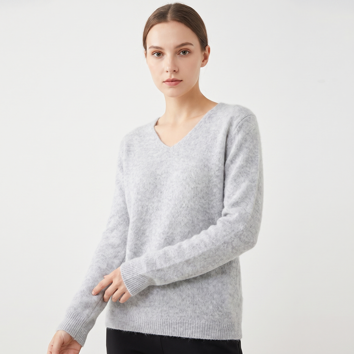 Women's Soft Fluffy Knit V-Neck Sweater Relaxed Fit Long Sleeve Casual Pullover Top
