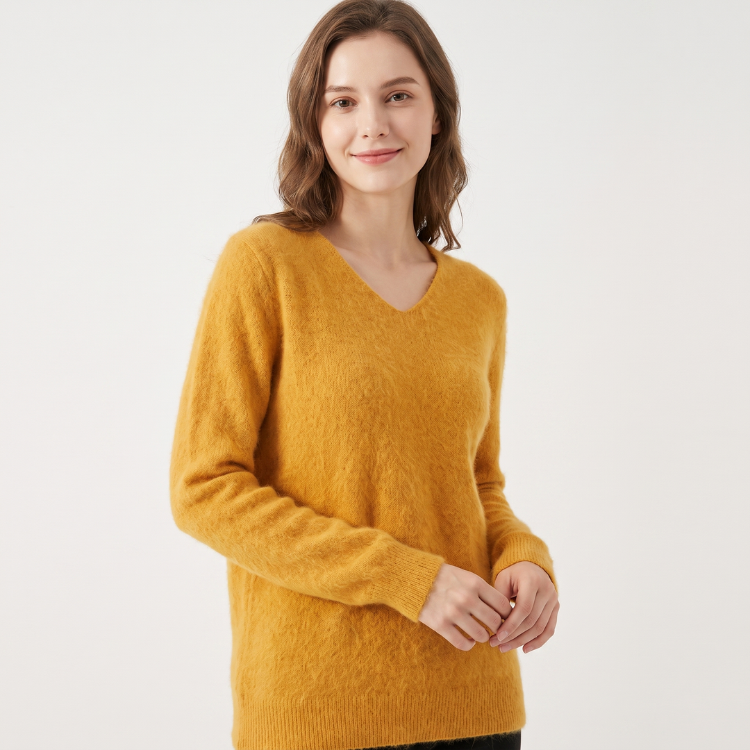 Women's Soft Fluffy Knit V-Neck Sweater Relaxed Fit Long Sleeve Casual Pullover Top