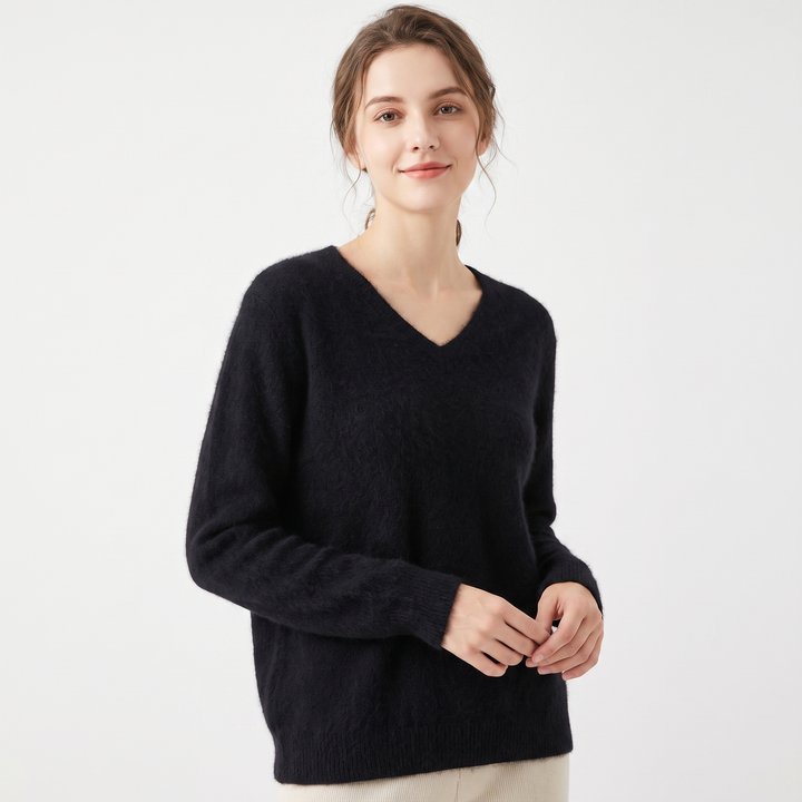 Women's Soft Fluffy Knit V-Neck Sweater Relaxed Fit Long Sleeve Casual Pullover Top