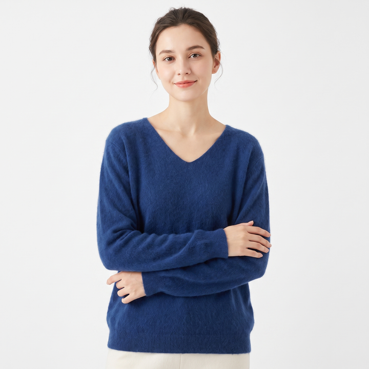 Women's Soft Fluffy Knit V-Neck Sweater Relaxed Fit Long Sleeve Casual Pullover Top