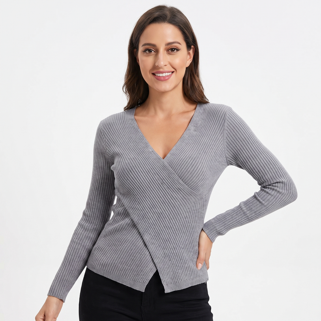 Women's Ribbed Wrap V-Neck Knit Top Long Sleeve Fitted Slim Stretch Pullover