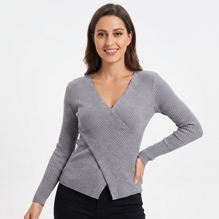 Women's Ribbed Wrap V-Neck Knit Top Long Sleeve Fitted Slim Stretch Pullover