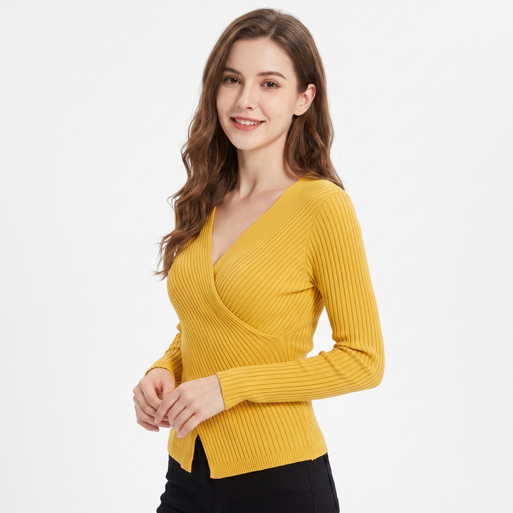 Women's Ribbed Wrap V-Neck Knit Top Long Sleeve Fitted Slim Stretch Pullover