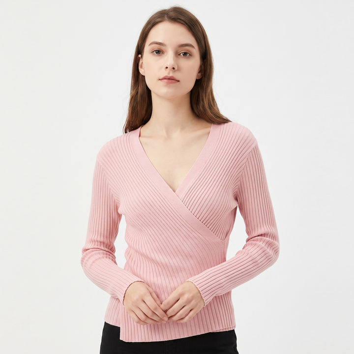 Women's Ribbed Wrap V-Neck Knit Top Long Sleeve Fitted Slim Stretch Pullover