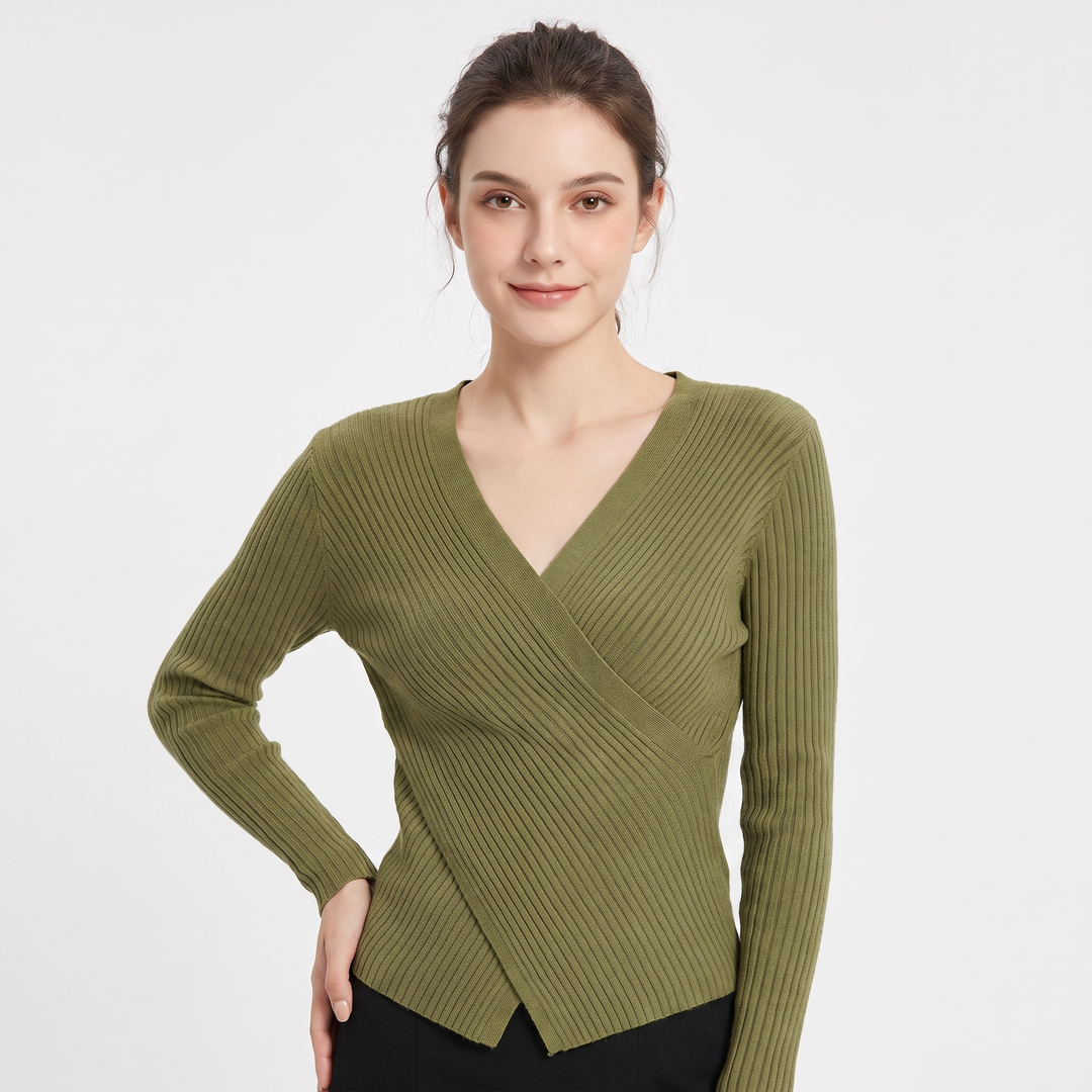 Women's Ribbed Wrap V-Neck Knit Top Long Sleeve Fitted Slim Stretch Pullover