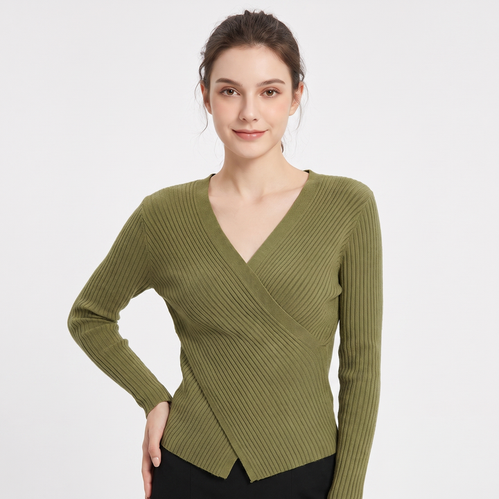 Women's Ribbed Wrap V-Neck Knit Top Long Sleeve Fitted Slim Stretch Pullover