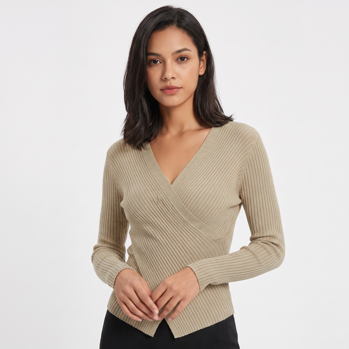 Women's Ribbed Wrap V-Neck Knit Top Long Sleeve Fitted Slim Stretch Pullover