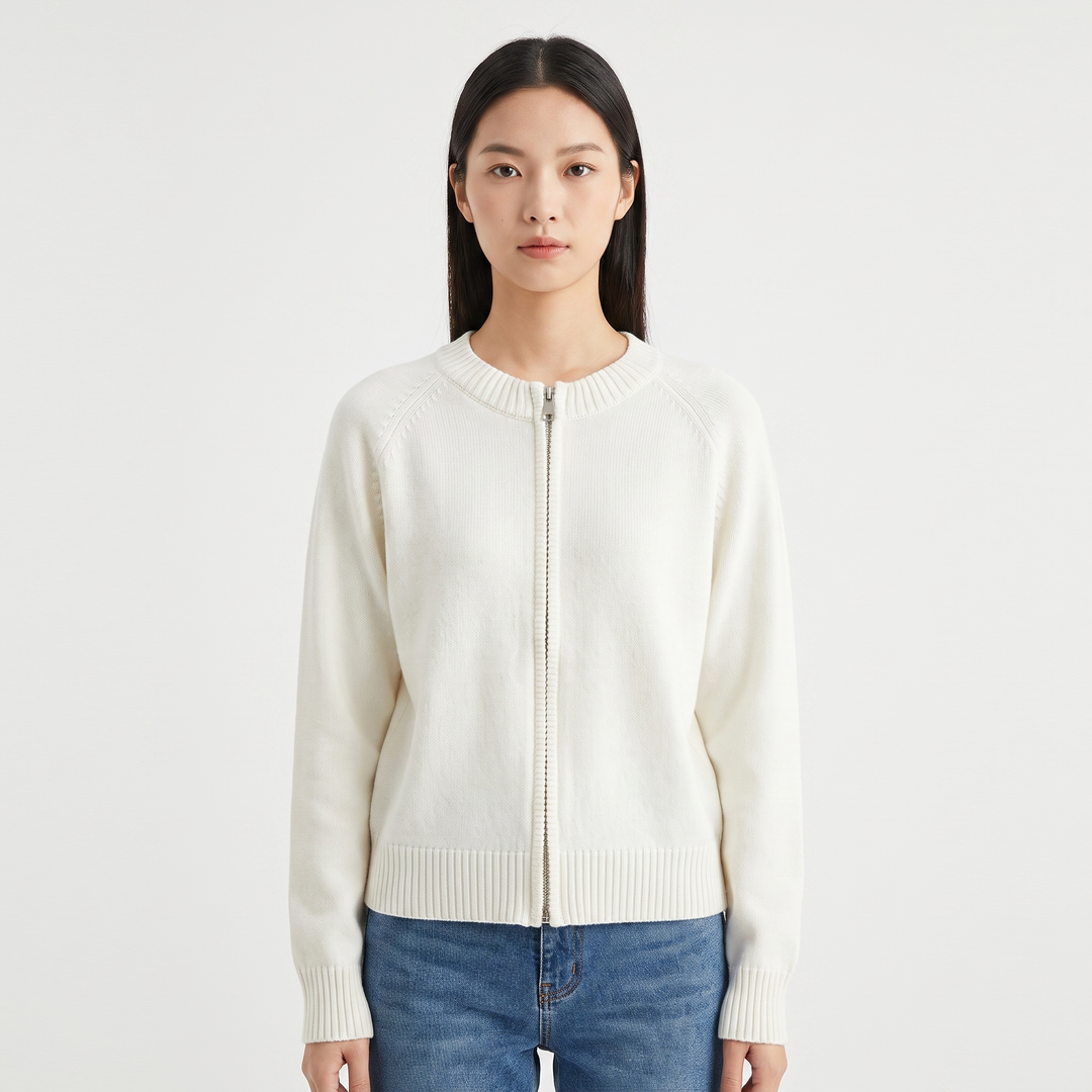 Women's Zip Up Knit Cardigan Crew Neck Relaxed Fit Long Sleeve Casual Sweater Jacket