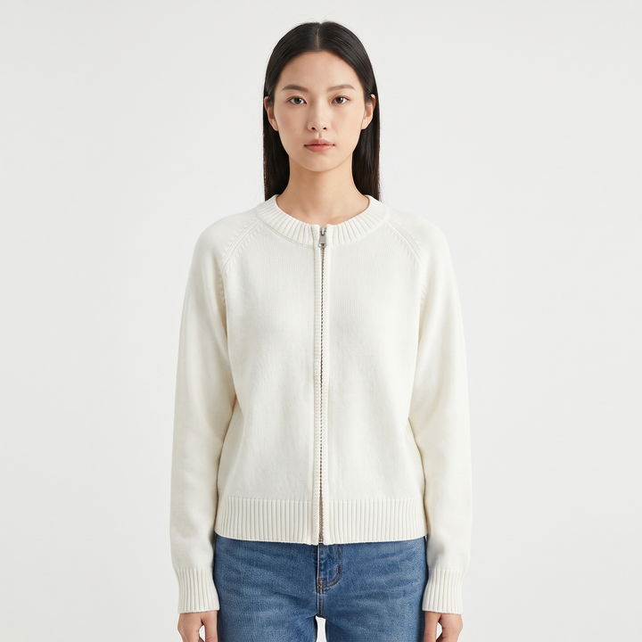 Women's Zip Up Knit Cardigan Crew Neck Relaxed Fit Long Sleeve Casual Sweater Jacket