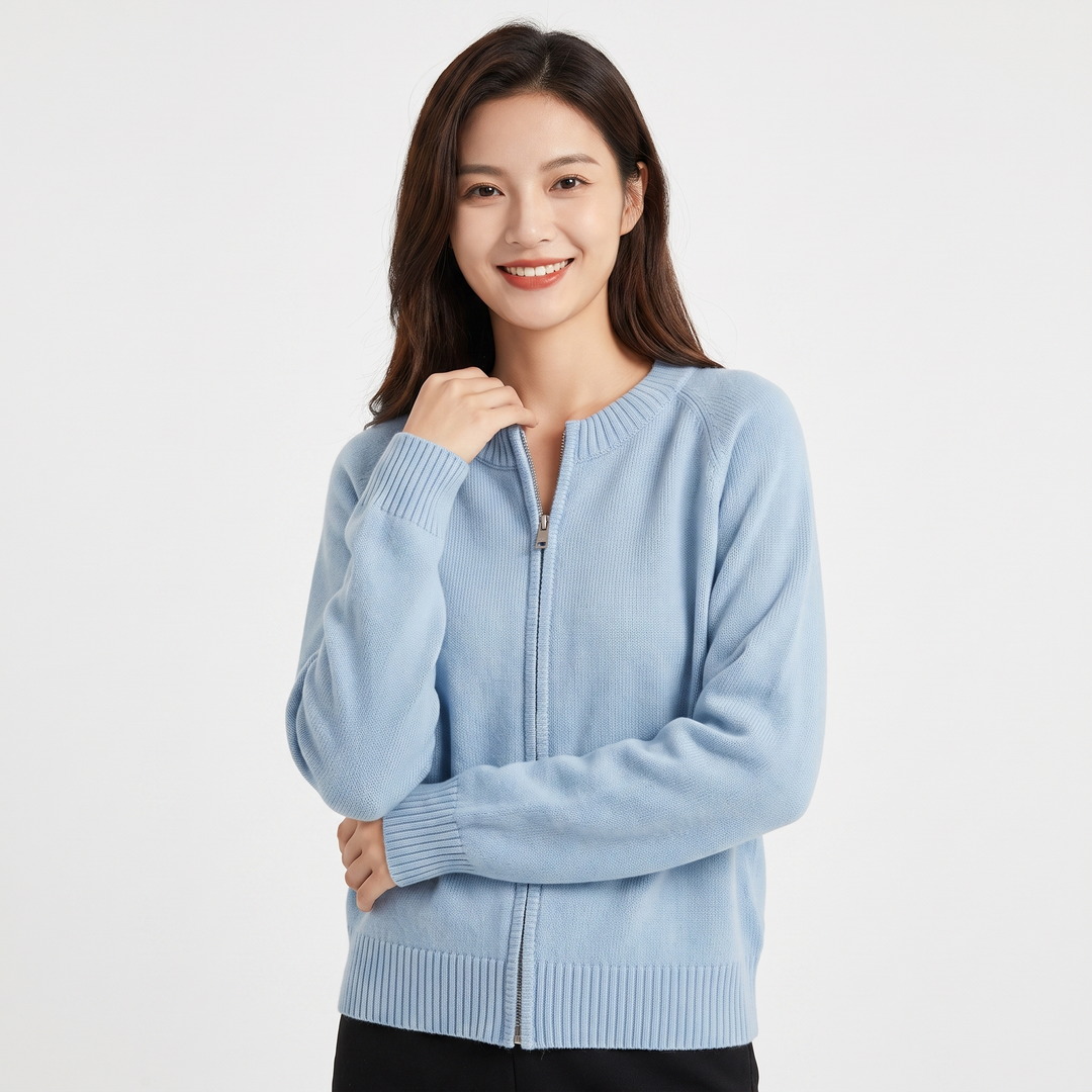 Women's Zip Up Knit Cardigan Crew Neck Relaxed Fit Long Sleeve Casual Sweater Jacket