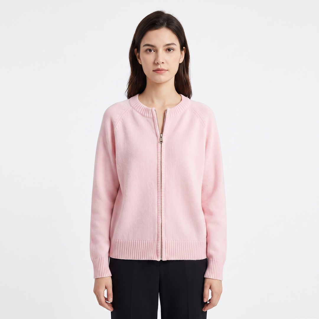 Women's Zip Up Knit Cardigan Crew Neck Relaxed Fit Long Sleeve Casual Sweater Jacket