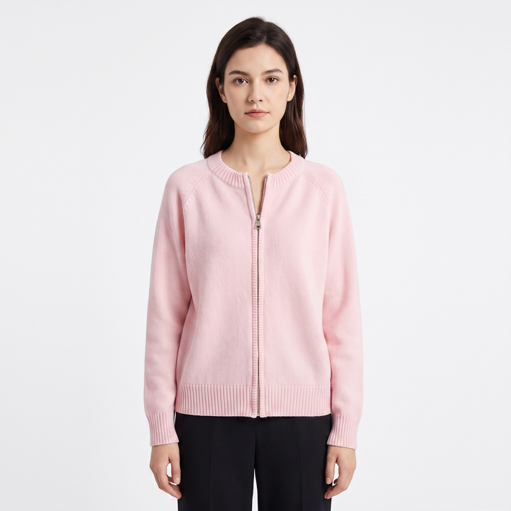 Women's Zip Up Knit Cardigan Crew Neck Relaxed Fit Long Sleeve Casual Sweater Jacket