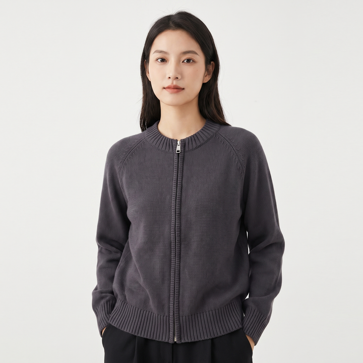 Women's Zip Up Knit Cardigan Crew Neck Relaxed Fit Long Sleeve Casual Sweater Jacket