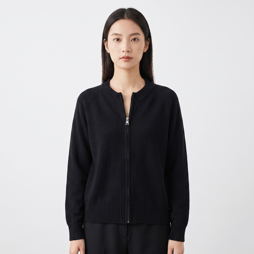 Women's Zip Up Knit Cardigan Crew Neck Relaxed Fit Long Sleeve Casual Sweater Jacket