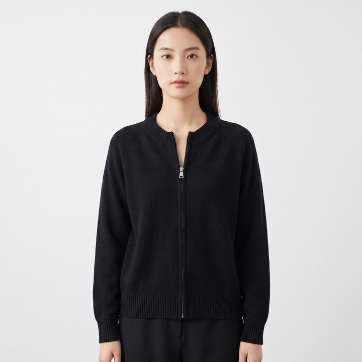 Women's Zip Up Knit Cardigan Crew Neck Relaxed Fit Long Sleeve Casual Sweater Jacket