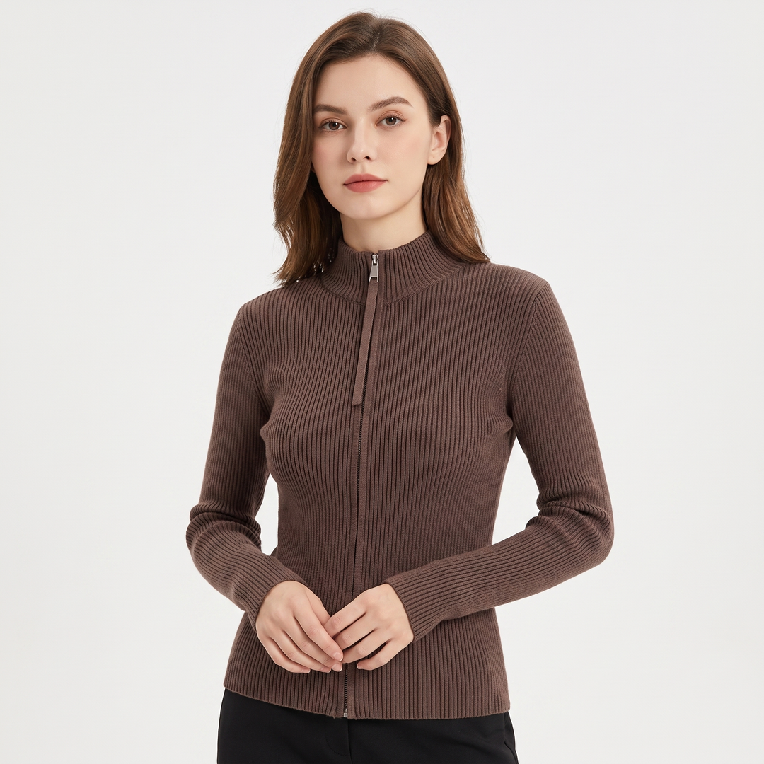 Women's Ribbed Zip Up Fitted Knit Top Turtleneck Long Sleeve Stretch Sweater Top