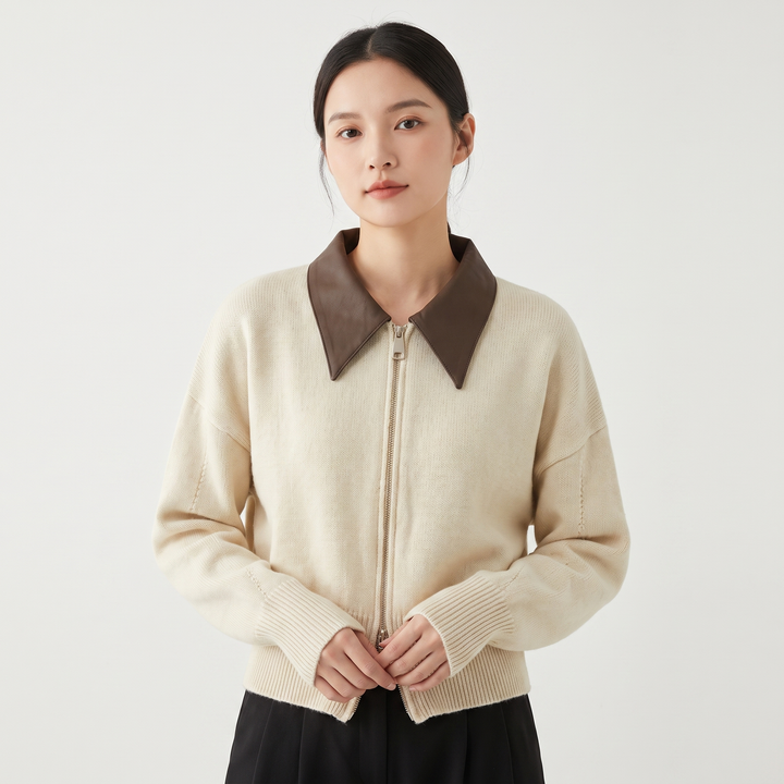 Women's Fluffy Knit Zip Up Cardigan Faux Leather Collar Cropped Sweater Jacket
