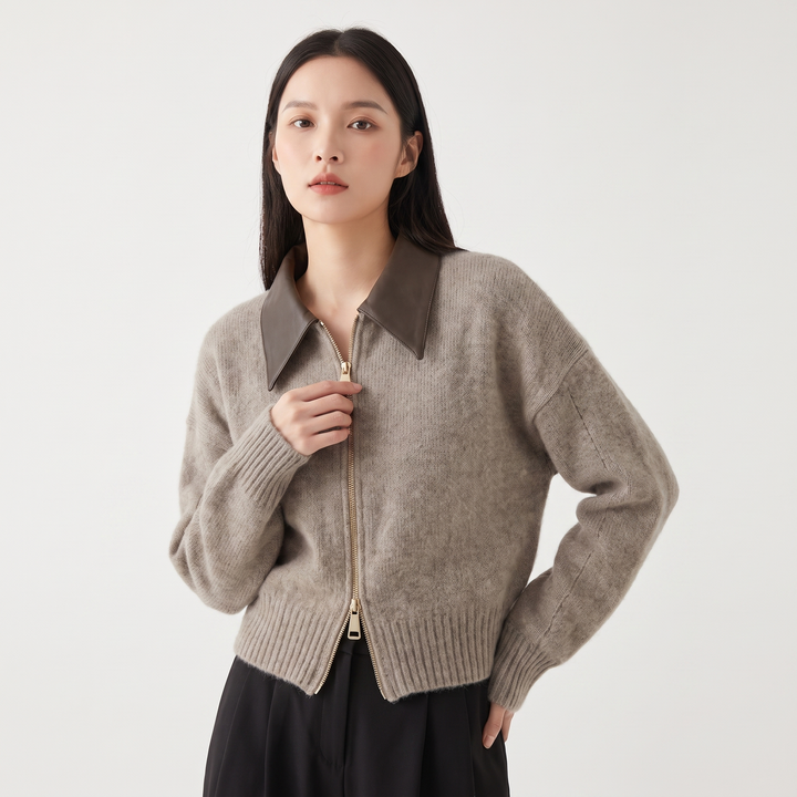 Women's Fluffy Knit Zip Up Cardigan Faux Leather Collar Cropped Sweater Jacket