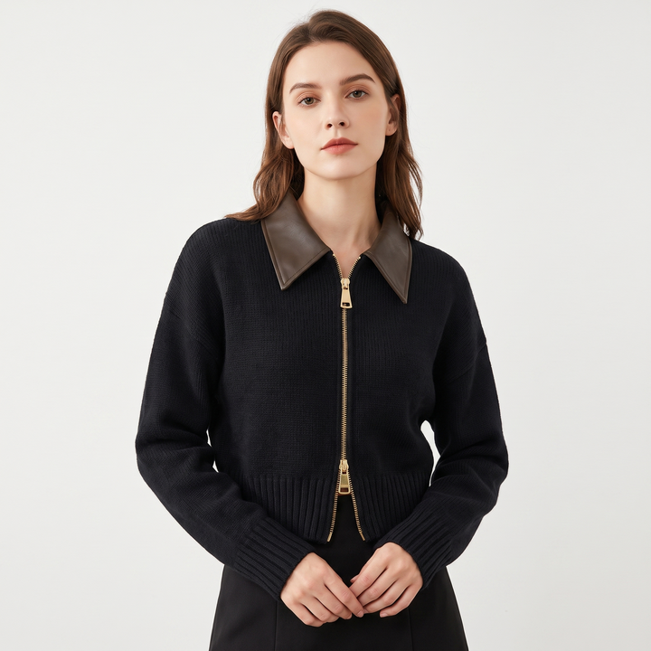 Women's Fluffy Knit Zip Up Cardigan Faux Leather Collar Cropped Sweater Jacket