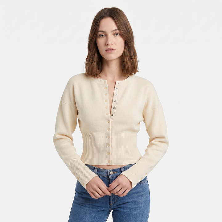 Women's Cropped Button Front Knit Cardigan Crew Neck Ribbed Hem Casual Sweater Top