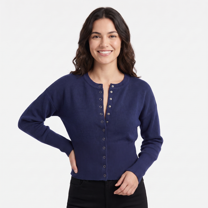 Women's Cropped Button Front Knit Cardigan Crew Neck Ribbed Hem Casual Sweater Top