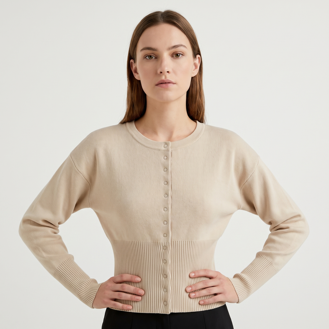 Women's Cropped Button Front Knit Cardigan Crew Neck Ribbed Hem Casual Sweater Top