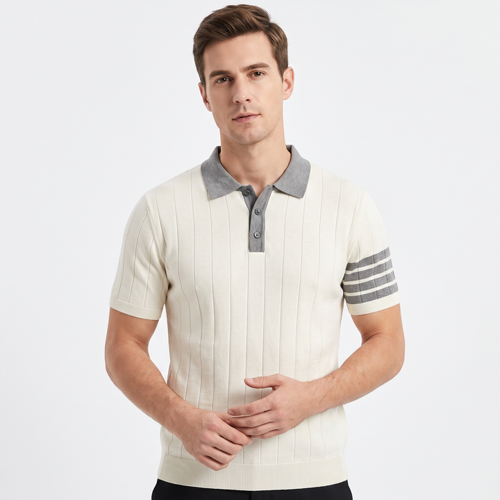 Men's Contrast Collar Knit Polo Shirt Short Sleeve Stripe Detail Smart Casual Top
