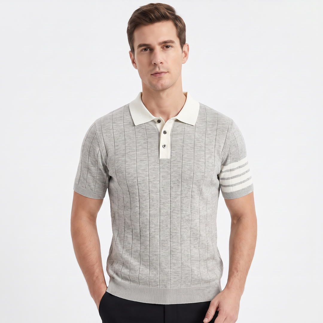 Men's Contrast Collar Knit Polo Shirt Short Sleeve Stripe Detail Smart Casual Top