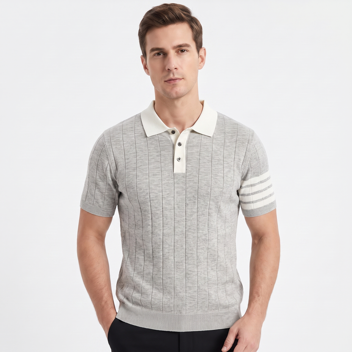 Men's Contrast Collar Knit Polo Shirt Short Sleeve Stripe Detail Smart Casual Top