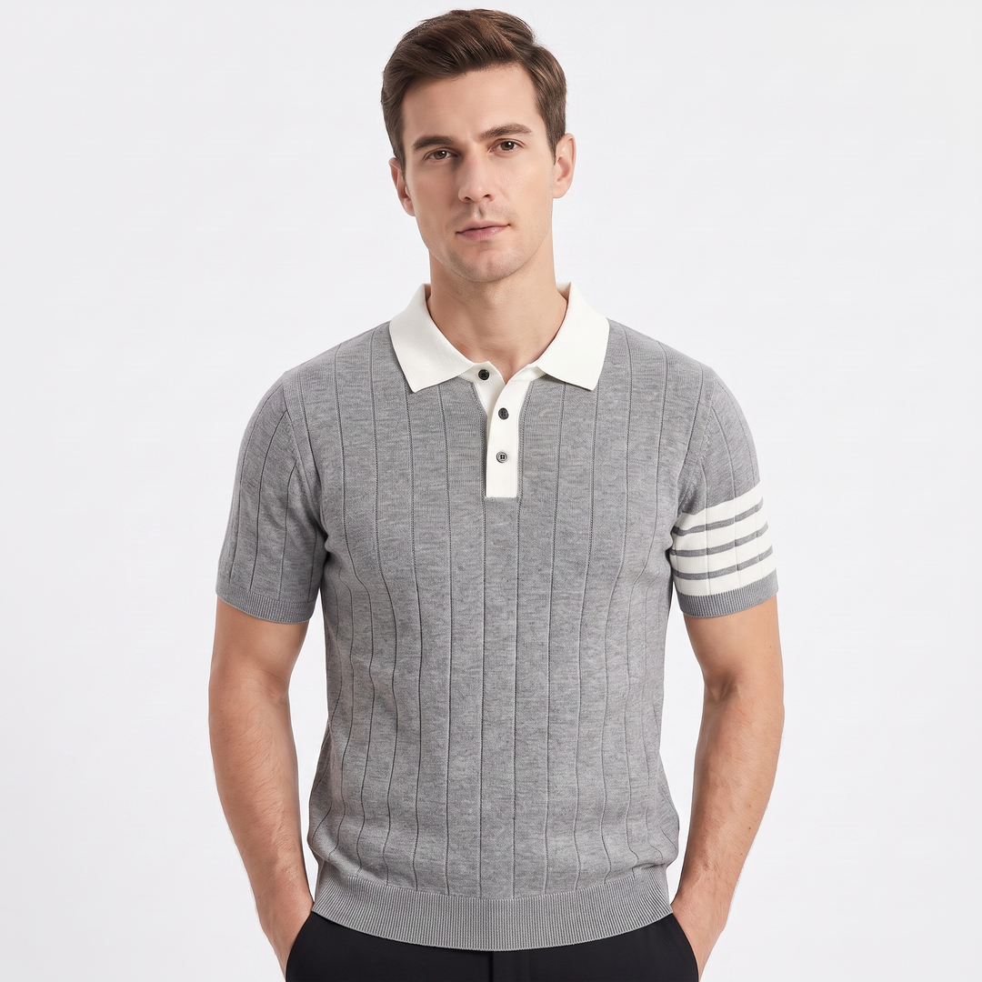 Men's Contrast Collar Knit Polo Shirt Short Sleeve Stripe Detail Smart Casual Top