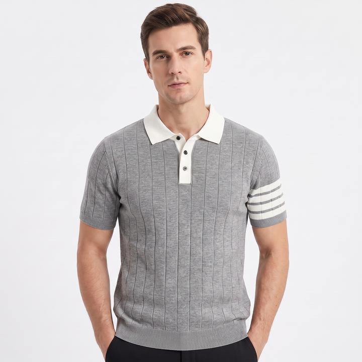 Men's Contrast Collar Knit Polo Shirt Short Sleeve Stripe Detail Smart Casual Top