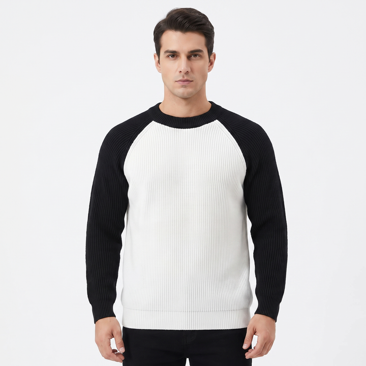 Men's Contrast Raglan Sleeve Ribbed Knit Sweater Crew Neck Casual Pullover Top