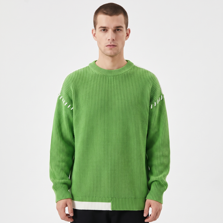 Men's Oversized Chunky Knit Sweater Crew Neck Contrast Stripe Detail Casual Pullover