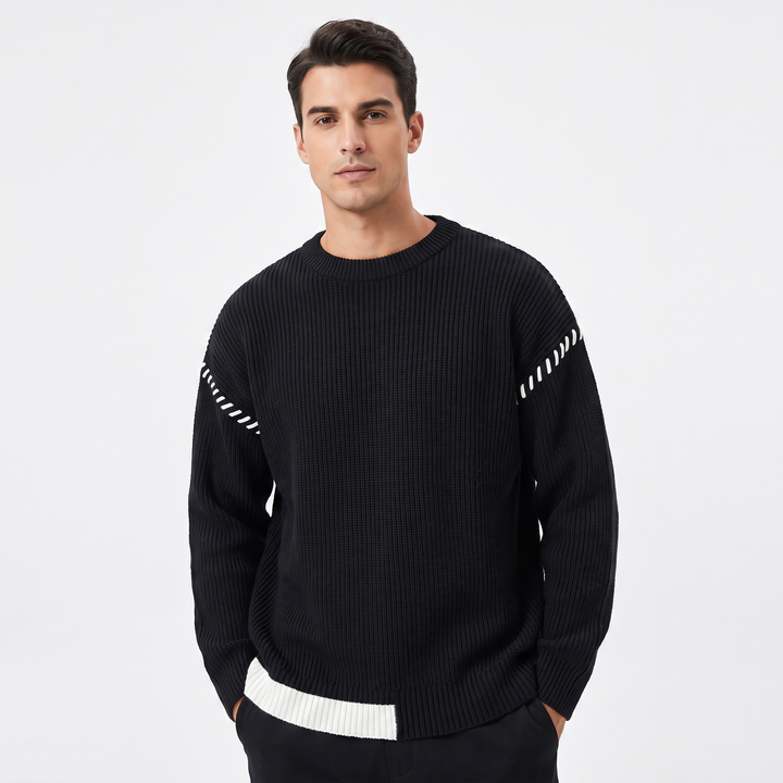 Men's Oversized Chunky Knit Sweater Crew Neck Contrast Stripe Detail Casual Pullover