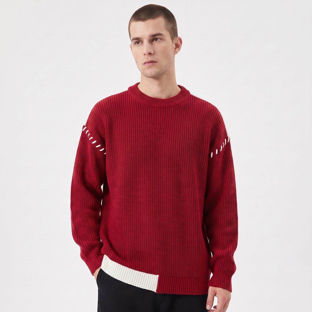 Men's Oversized Chunky Knit Sweater Crew Neck Contrast Stripe Detail Casual Pullover