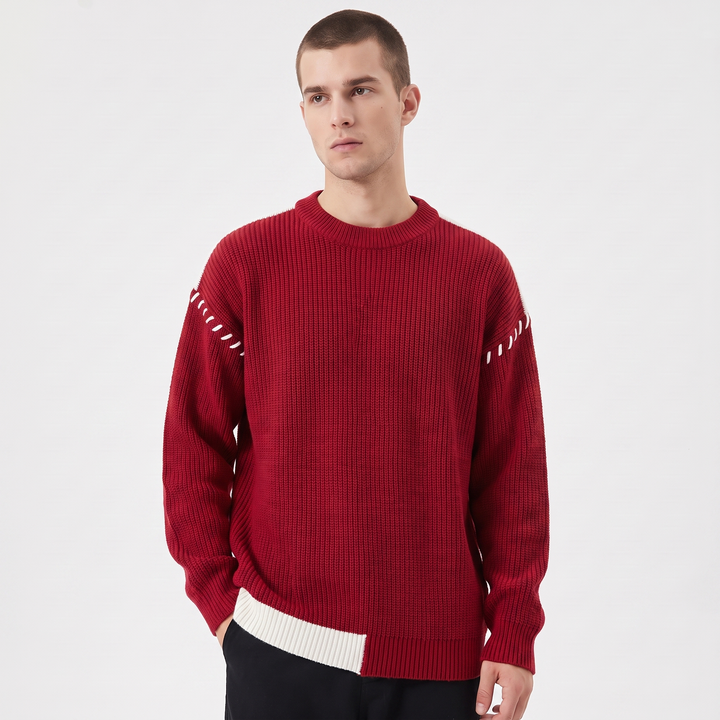 Men's Oversized Chunky Knit Sweater Crew Neck Contrast Stripe Detail Casual Pullover