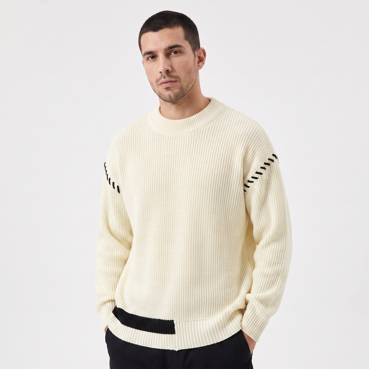 Men's Oversized Chunky Knit Sweater Crew Neck Contrast Stripe Detail Casual Pullover