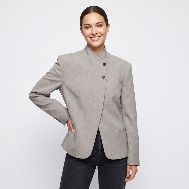 Women's Asymmetric Button Blazer Stand Collar Fitted Smart Work Jacket Outerwear
