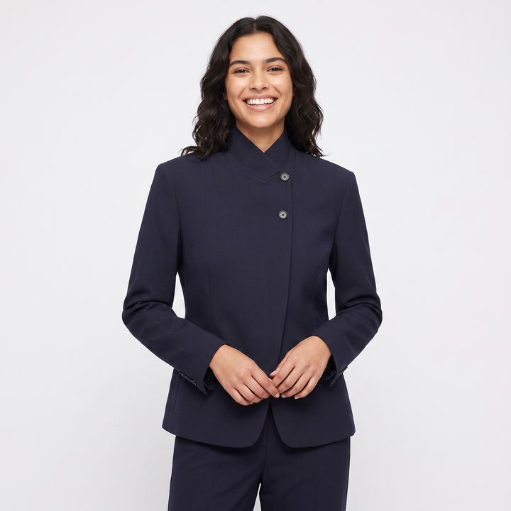 Women's Asymmetric Button Blazer Stand Collar Fitted Smart Work Jacket Outerwear
