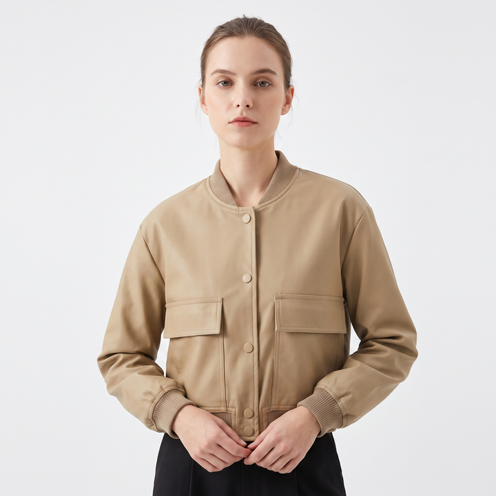 Women's Cropped Bomber Jacket Button Front Cargo Pocket Ribbed Trim Casual Coat