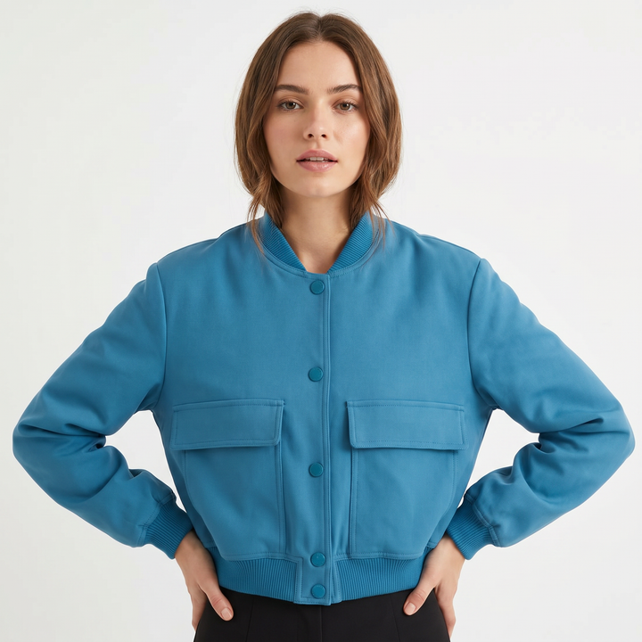 Women's Cropped Bomber Jacket Button Front Cargo Pocket Ribbed Trim Casual Coat