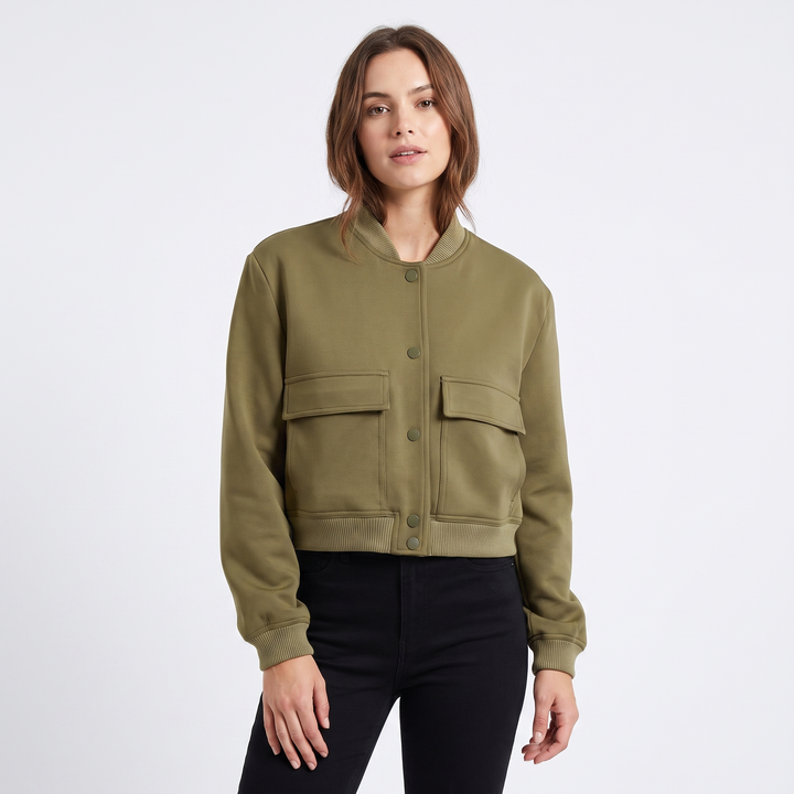 Women's Cropped Bomber Jacket Button Front Cargo Pocket Ribbed Trim Casual Coat