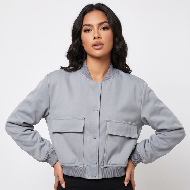 Women's Cropped Bomber Jacket Button Front Cargo Pocket Ribbed Trim Casual Coat