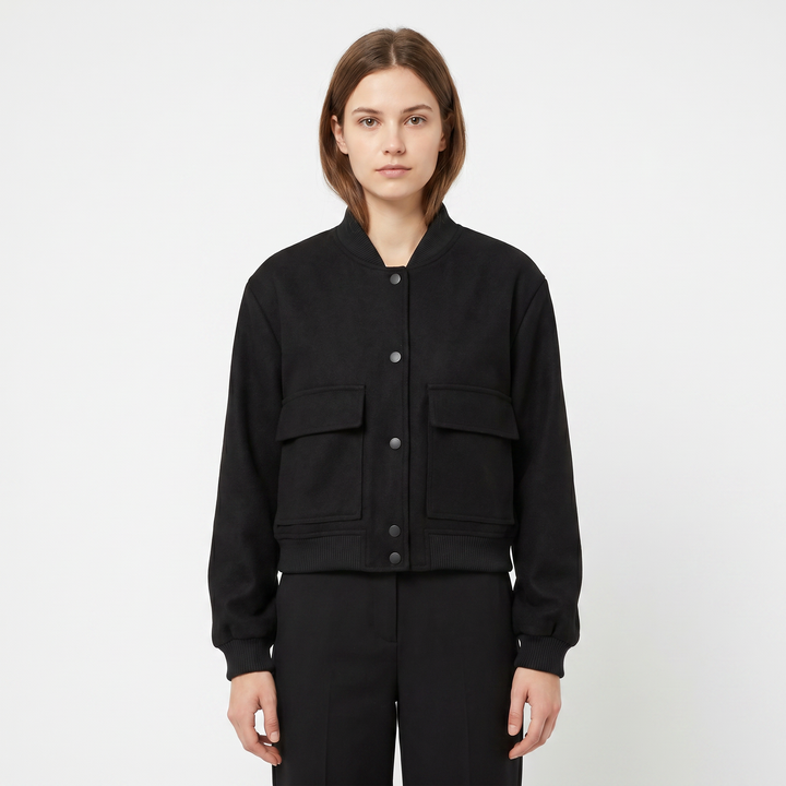 Women's Cropped Bomber Jacket Button Front Cargo Pocket Ribbed Trim Casual Coat