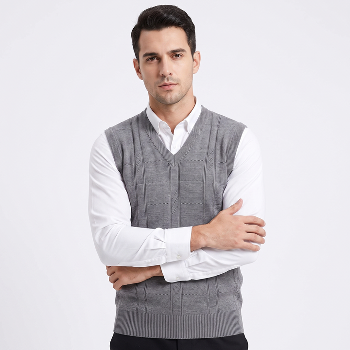 Men's V-Neck Knit Sweater Vest Sleeveless Argyle Texture Slim Fit Smart Casual Top