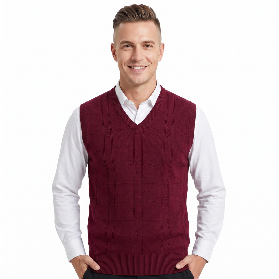 Men's V-Neck Knit Sweater Vest Sleeveless Argyle Texture Slim Fit Smart Casual Top