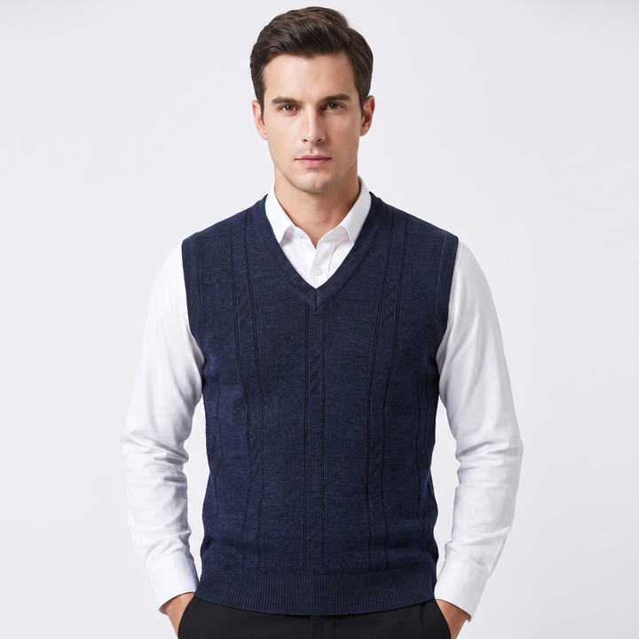 Men's V-Neck Knit Sweater Vest Sleeveless Argyle Texture Slim Fit Smart Casual Top